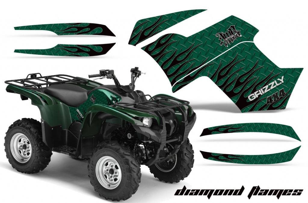 Diamond Flames Hintergrund = Grün, Designfarbe = Schwarz für Yamaha Grizzly 700/550 2007-2014