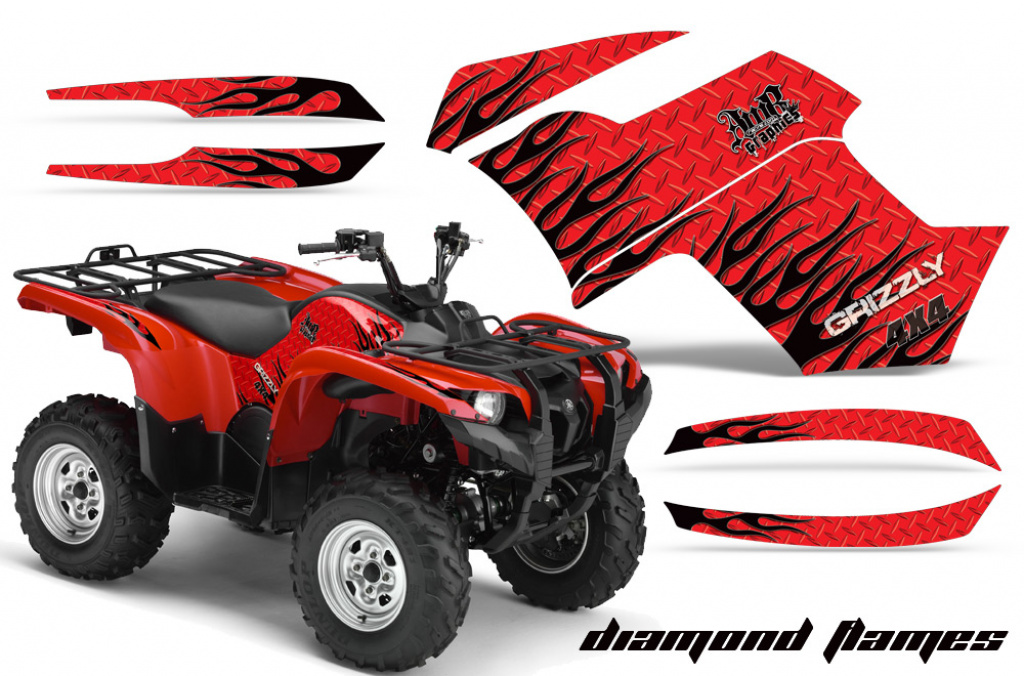 Diamond Flames Hintergrund = Rot, Designfarbe = Schwarz für Yamaha Grizzly 700/550 2007-2014