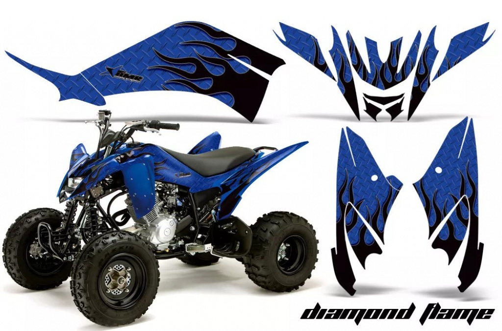 Diamond Flames Hintergrund = Blau, Designfarbe = Schwarz für Yamaha Raptor 125