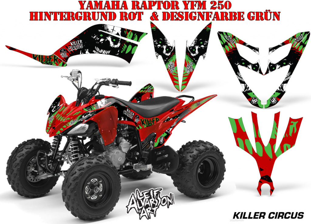 Killer Circus Hintergrund = Rot, Designfarbe = Grün für Yamaha Raptor YFM 250