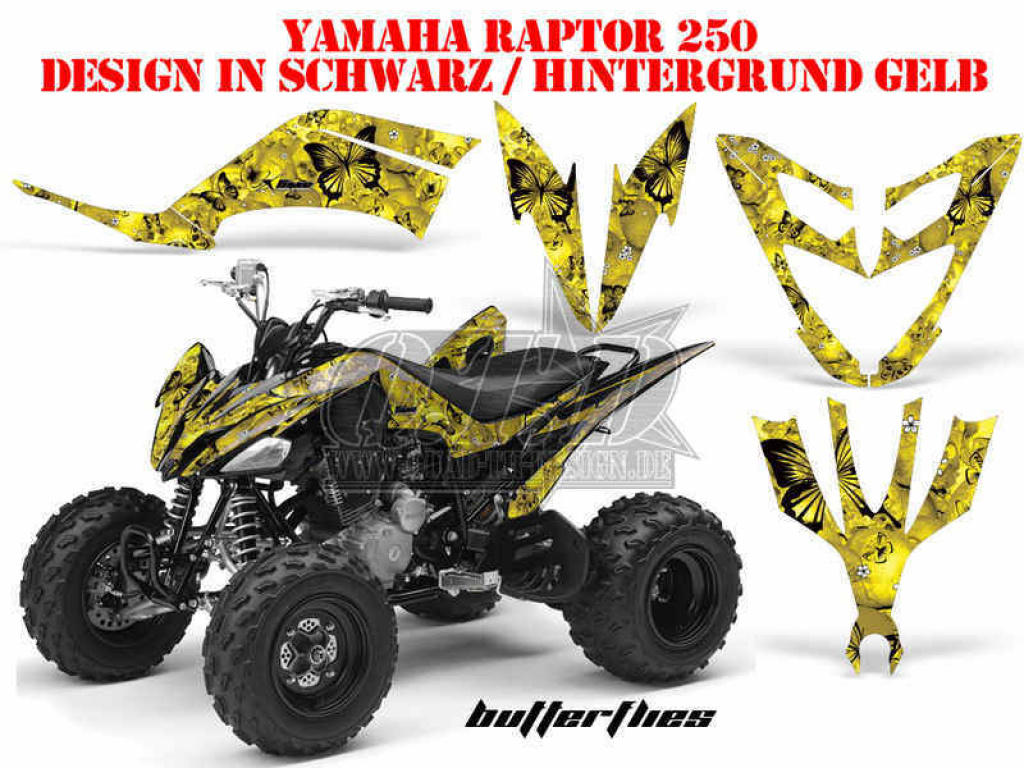 Butterfly Hintergrund = Gelb, Designfarbe = Schwarz für Yamaha Raptor YFM 250