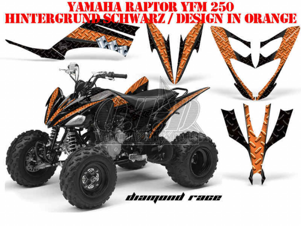 Diamond Race Hintergrund = Schwarz, Designfarbe = Orange für Yamaha Raptor YFM 250