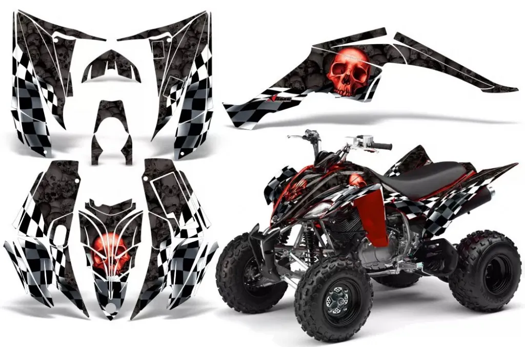 Checkered Skull Background = Black, Design color = Red for Yamaha Raptor YFM 350