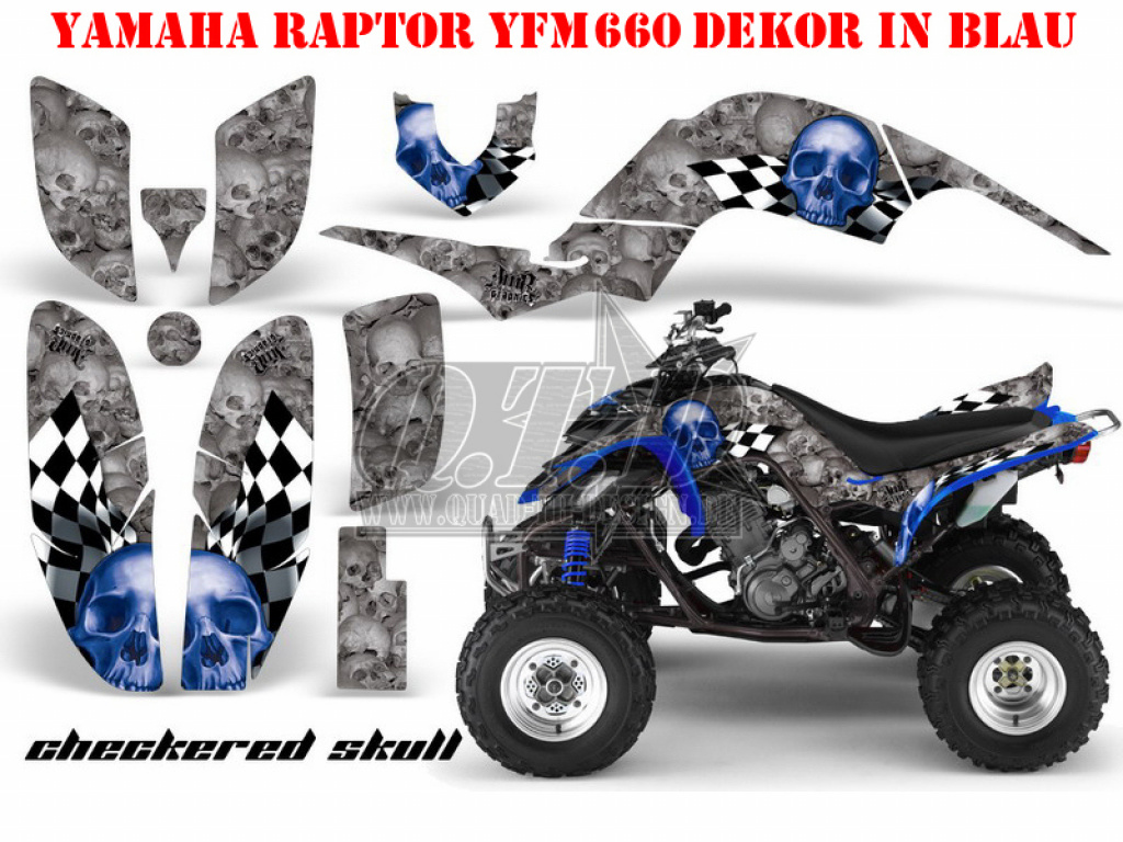 Checkered Skull Background = Silver, Design color = Blue for Yamaha Raptor YFM 660