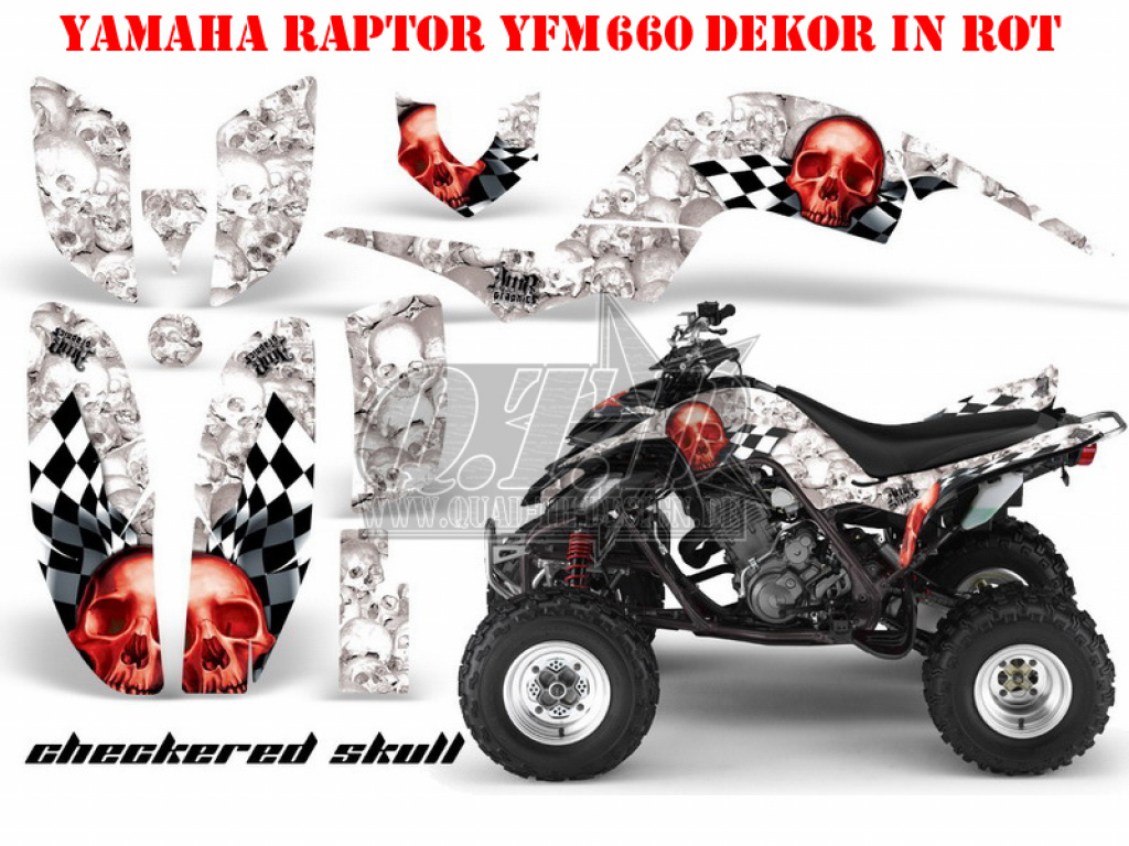 Checkered Skull Background = White, Design color = Red for Yamaha Raptor YFM 660