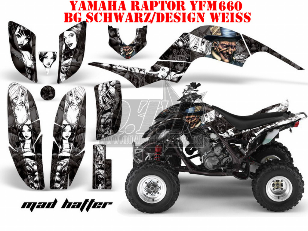 Mad-Hatter Background = Black, Design color = White for Yamaha Raptor YFM 660
