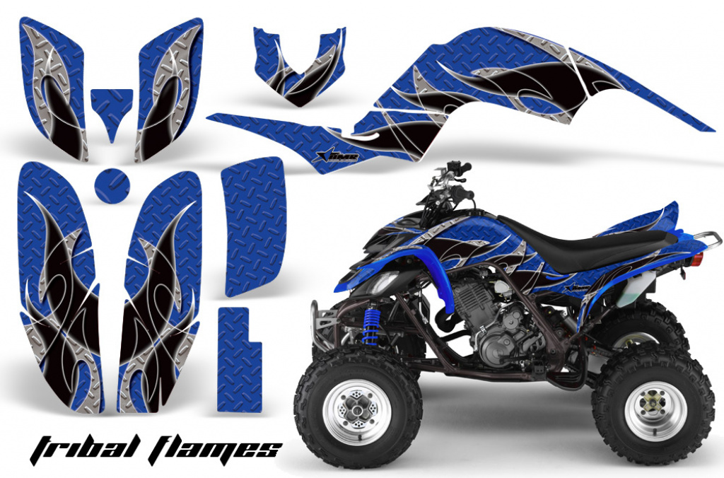 Tribal Flames Background = Blue, Design color = Black for Yamaha Raptor YFM 660