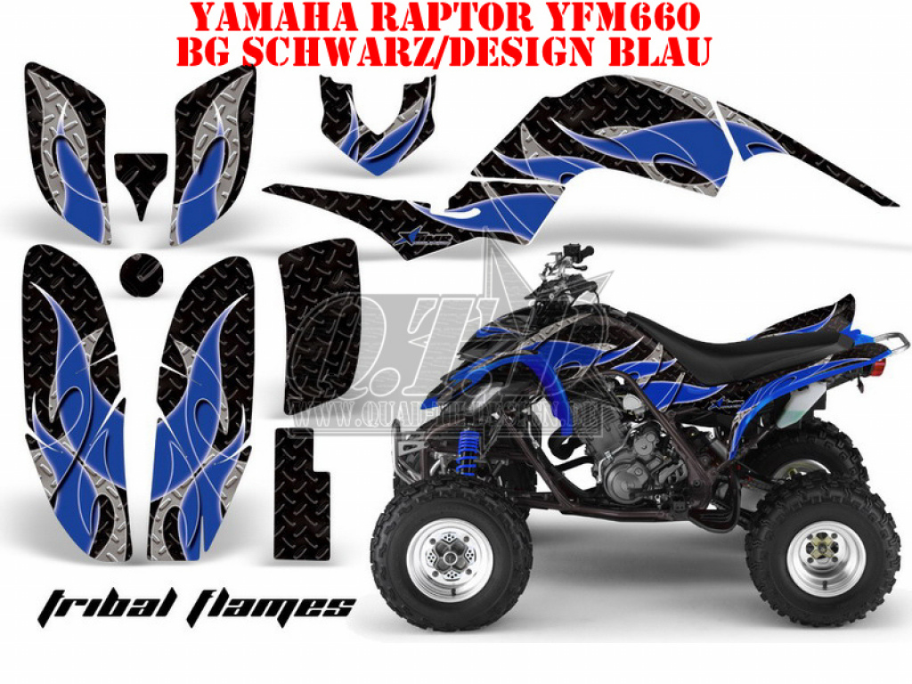 Tribal Flames Background = Black, Design color = Blue for Yamaha Raptor YFM 660