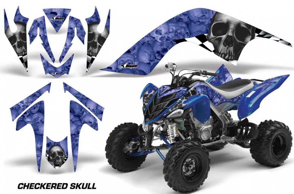 Checkered Skull Hintergrund = Blau, Designfarbe = Schwarz für Yamaha Raptor YFM 700 2006-2012