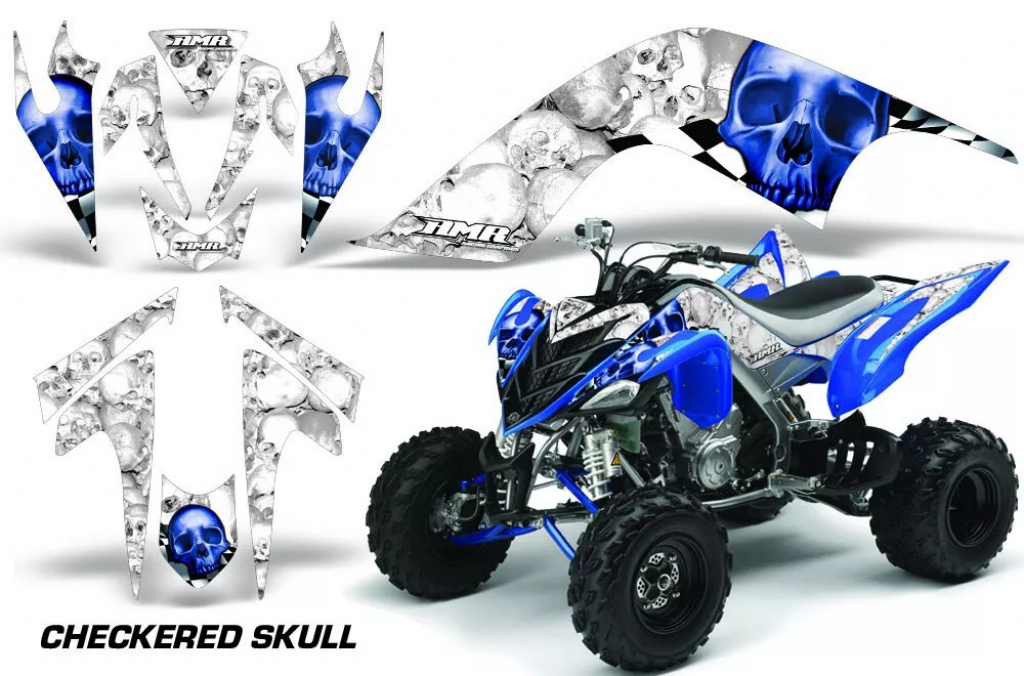 Checkered Skull Hintergrund = Weiß, Designfarbe = Blau für Yamaha Raptor YFM 700 2006-2012