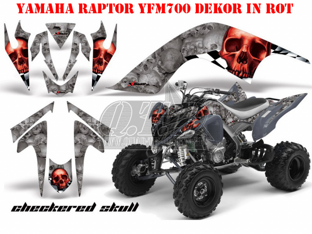 Checkered Skull Hintergrund = Silber, Designfarbe = Rot für Yamaha Raptor YFM 700 2006-2012