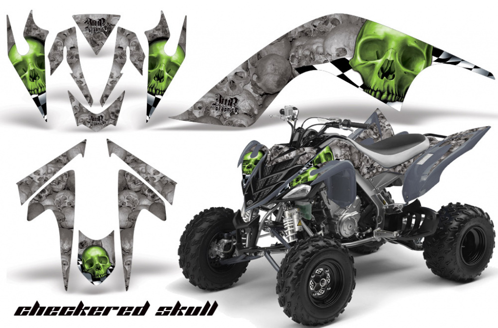 Checkered Skull Hintergrund = Silber, Designfarbe = Grün für Yamaha Raptor YFM 700 2006-2012