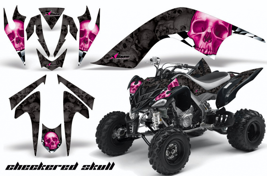 Checkered Skull Hintergrund = Schwarz, Designfarbe = Pink für Yamaha Raptor YFM 700 2006-2012