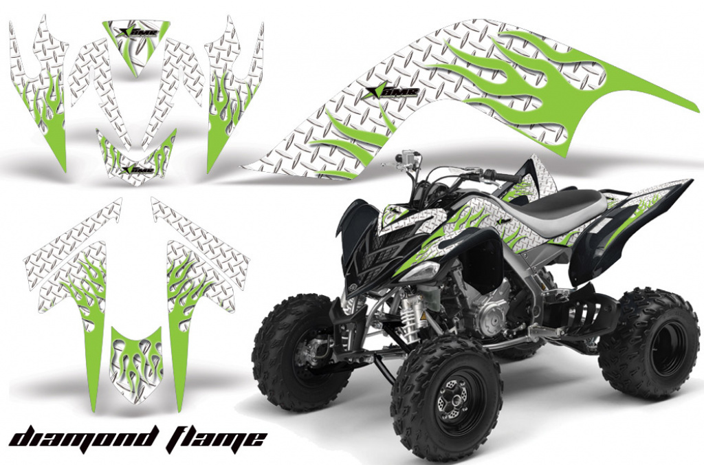 Diamond Flames Hintergrund = Weiß, Designfarbe = Grün für Yamaha Raptor YFM 700 2006-2012