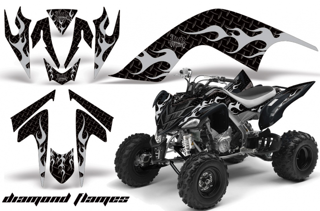 Diamond Flames Hintergrund = Schwarz, Designfarbe = Silber für Yamaha Raptor YFM 700 2006-2012