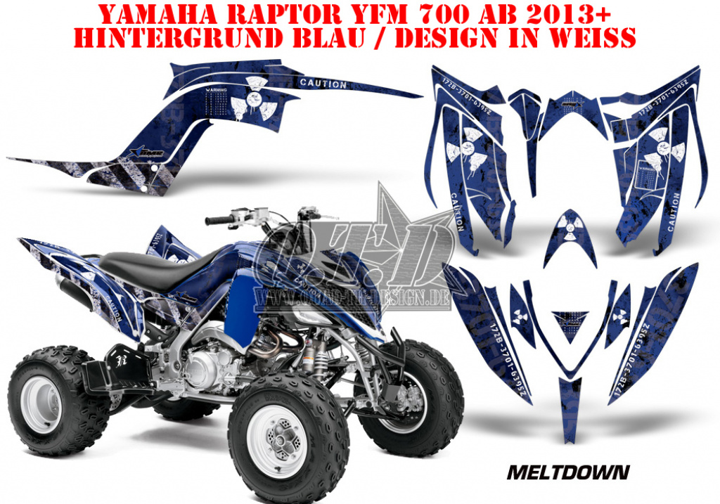 Meltdown Hintergrund = Blau, Designfarbe = Weiß für Yamaha Raptor YFM 700R 2013+