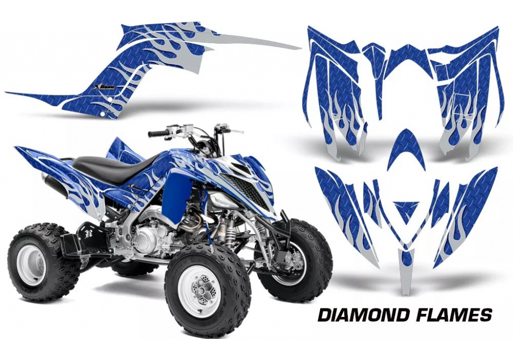 Diamond Flames Hintergrund = Blau, Designfarbe = Silber für Yamaha Raptor YFM 700R 2013+