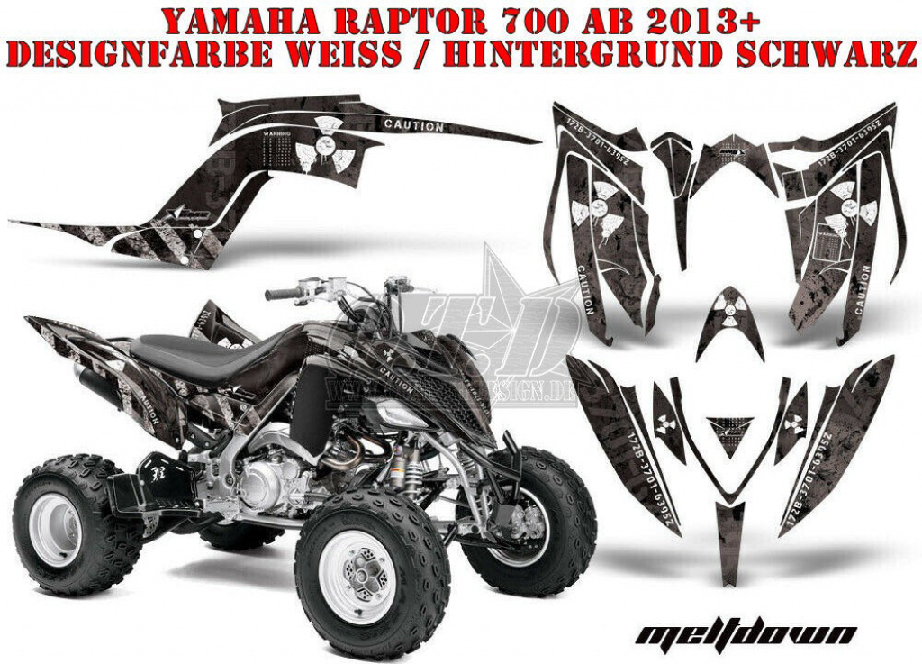 Meltdown Hintergrund = Schwarz, Designfarbe = Weiß für Yamaha Raptor YFM 700R 2013+