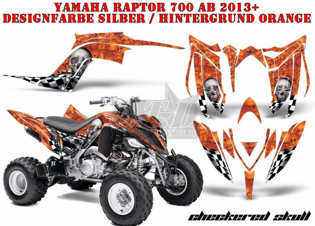 Checkered Skull Hintergrund = Orange, Designfarbe = Silber für Yamaha Raptor YFM 700R 2013+