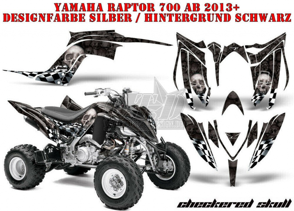 Checkered Skull Hintergrund = Schwarz, Designfarbe = Silber für Yamaha Raptor YFM 700R 2013+