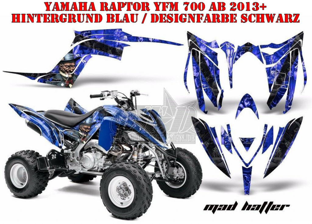 Mad-Hatter Hintergrund = Blau, Designfarbe = Schwarz für Yamaha Raptor YFM 700R 2013+