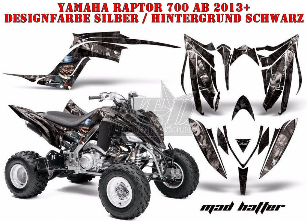 Mad-Hatter Hintergrund = Schwarz, Designfarbe = Silber für Yamaha Raptor YFM 700R 2013+