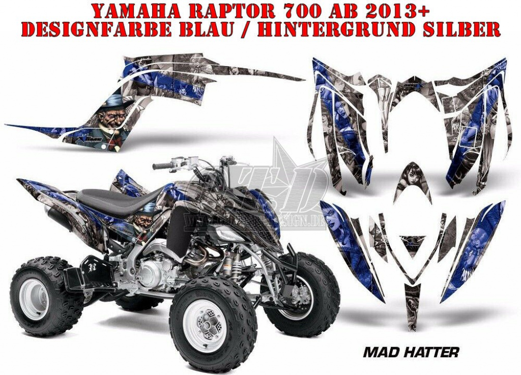 Mad-Hatter Hintergrund = Silber, Designfarbe = Blau für Yamaha Raptor YFM 700R 2013+