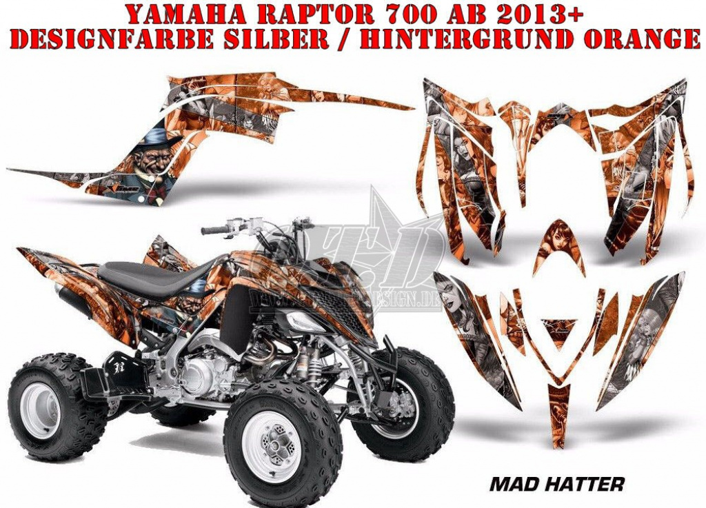 Mad-Hatter Hintergrund = Orange, Designfarbe = Silber für Yamaha Raptor YFM 700R 2013+
