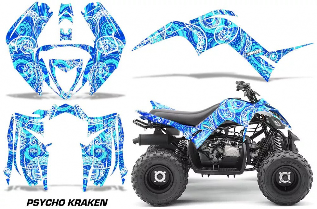 Psycho Kraken Hintergrund = Blau, Designfarbe = Aqua Blau für Yamaha Raptor 90 2016+