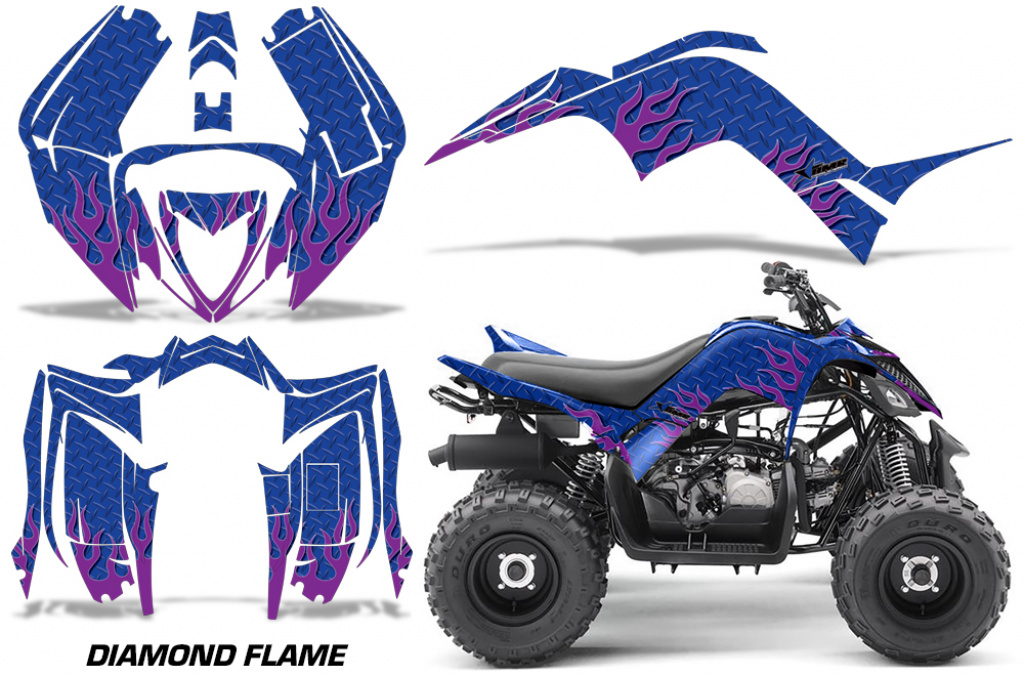 Diamond Flames Hintergrund = Blau, Designfarbe = Lila für Yamaha Raptor 90 2016+