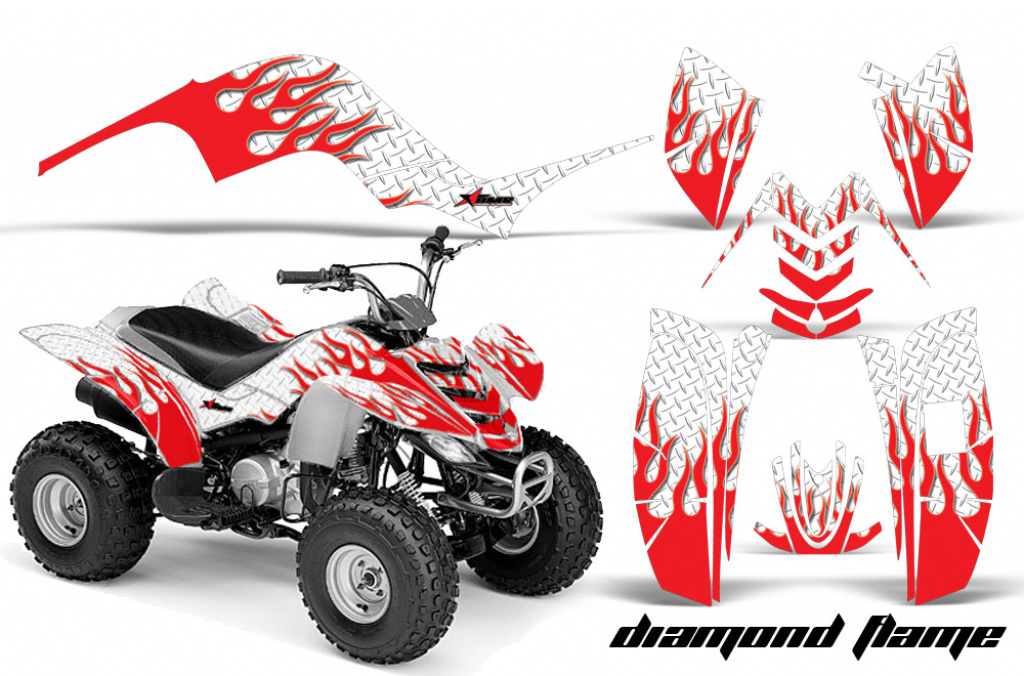 Diamond Flames Hintergrund = Weiß, Designfarbe = Rot für Yamaha Raptor 80