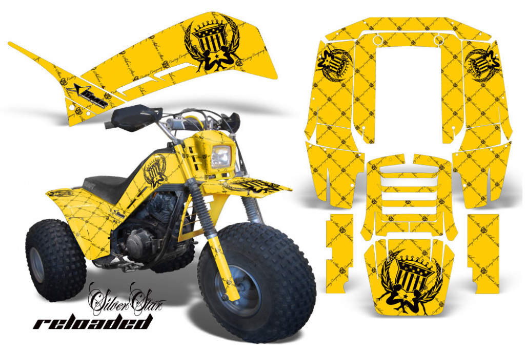 SilverStar - Reloaded Hintergrund = Gelb, Designfarbe = Schwarz für Yamaha Shaft DX 225 3 Wheeler 1983-1985
