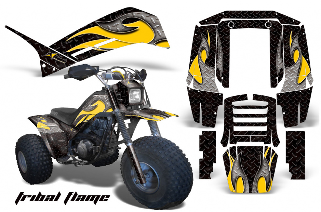 Tribal Flames Hintergrund = Schwarz, Designfarbe = Gelb für Yamaha Shaft DX 225 3 Wheeler 1983-1985