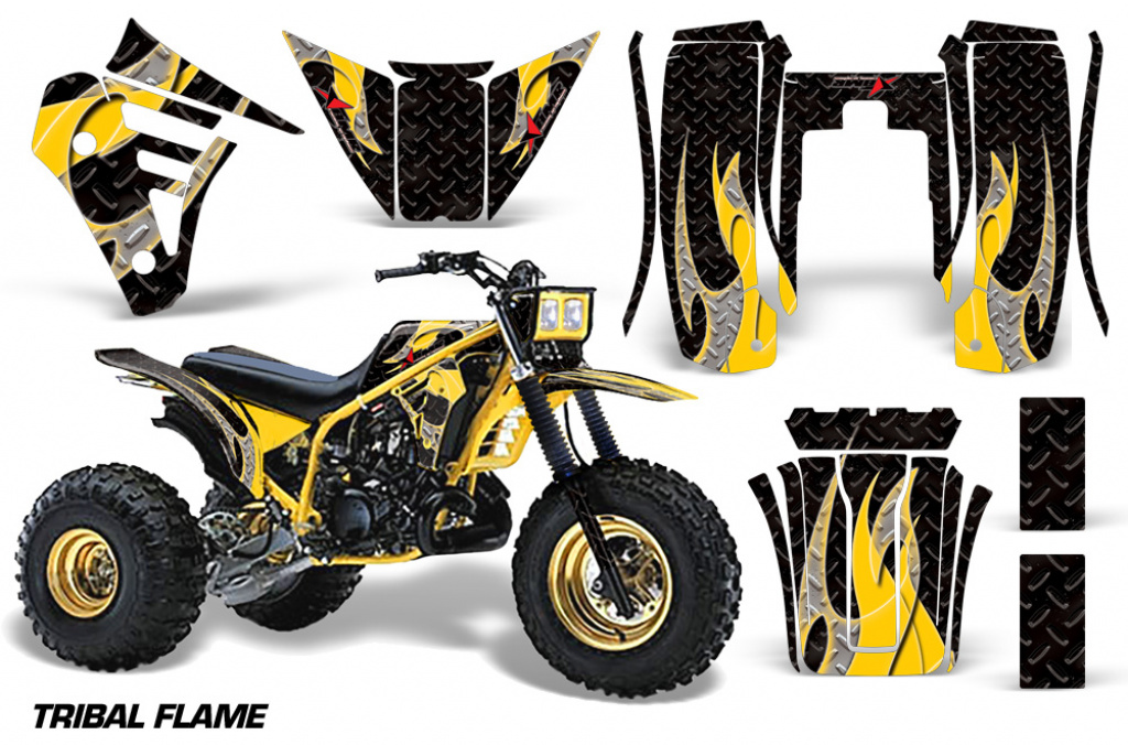 Tribal Flames Hintergrund = Schwarz, Designfarbe = Gelb für Yamaha Tri Z 250 3 Wheeler 1985-1986