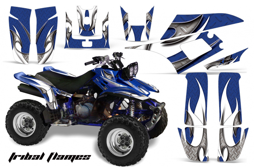 Tribal Flames Hintergrund = Blau, Designfarbe = Weiß für Yamaha Warrior YFM 350