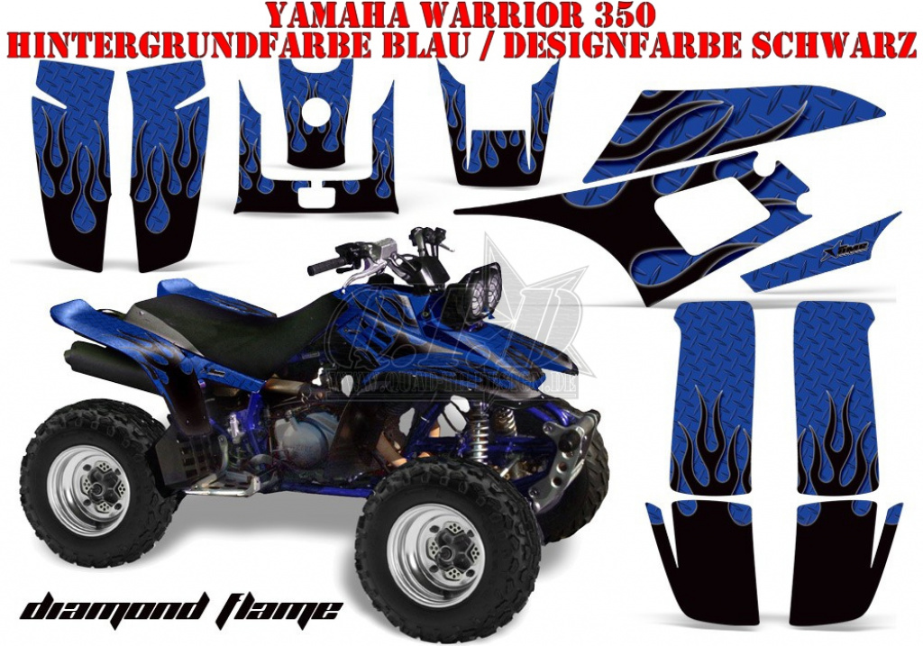 Diamond Flames Hintergrund = Blau, Designfarbe = Schwarz für Yamaha Warrior YFM 350