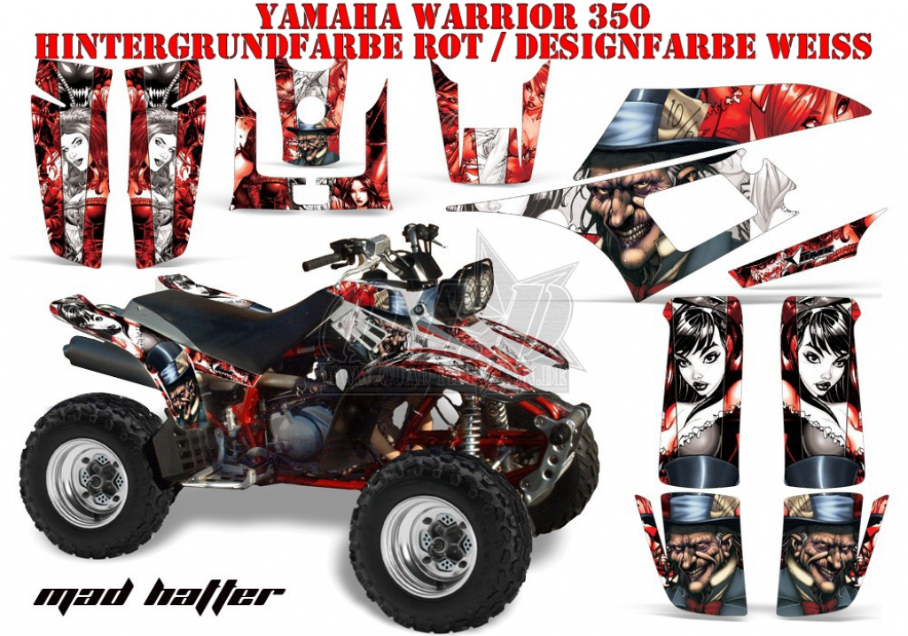Mad-Hatter Hintergrund = Rot, Designfarbe = Weiß für Yamaha Warrior YFM 350