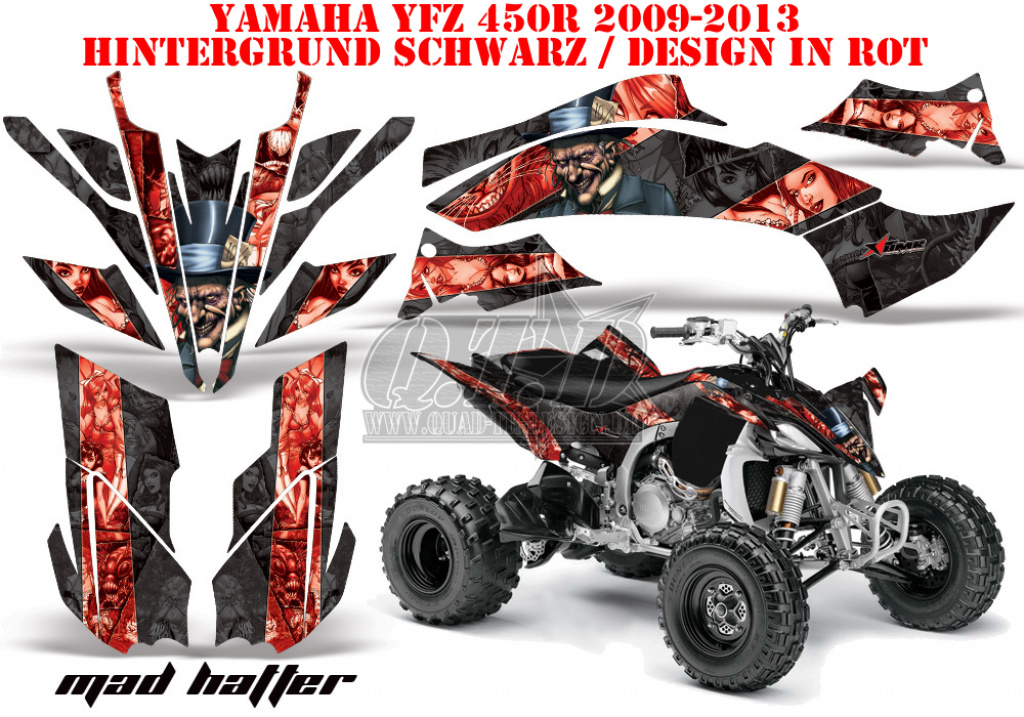 Mad-Hatter Hintergrund = Schwarz, Designfarbe = Rot für Yamaha YFZ 450R/SE 2009-2013