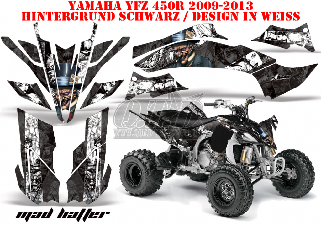 Mad-Hatter Hintergrund = Schwarz, Designfarbe = Weiß für Yamaha YFZ 450R/SE 2009-2013