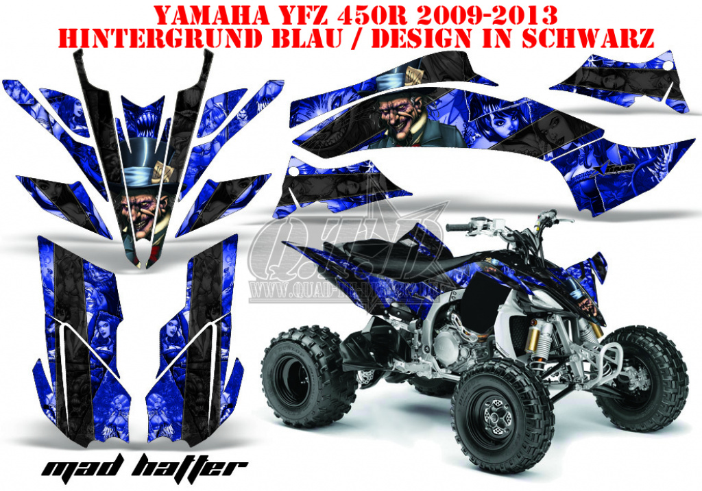 Mad-Hatter Hintergrund = Blau, Designfarbe = Schwarz für Yamaha YFZ 450R/SE 2009-2013