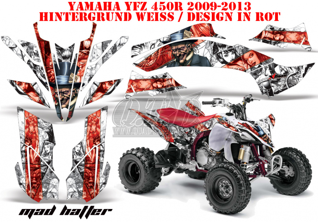 Mad-Hatter Hintergrund = Weiß, Designfarbe = Rot für Yamaha YFZ 450R/SE 2009-2013