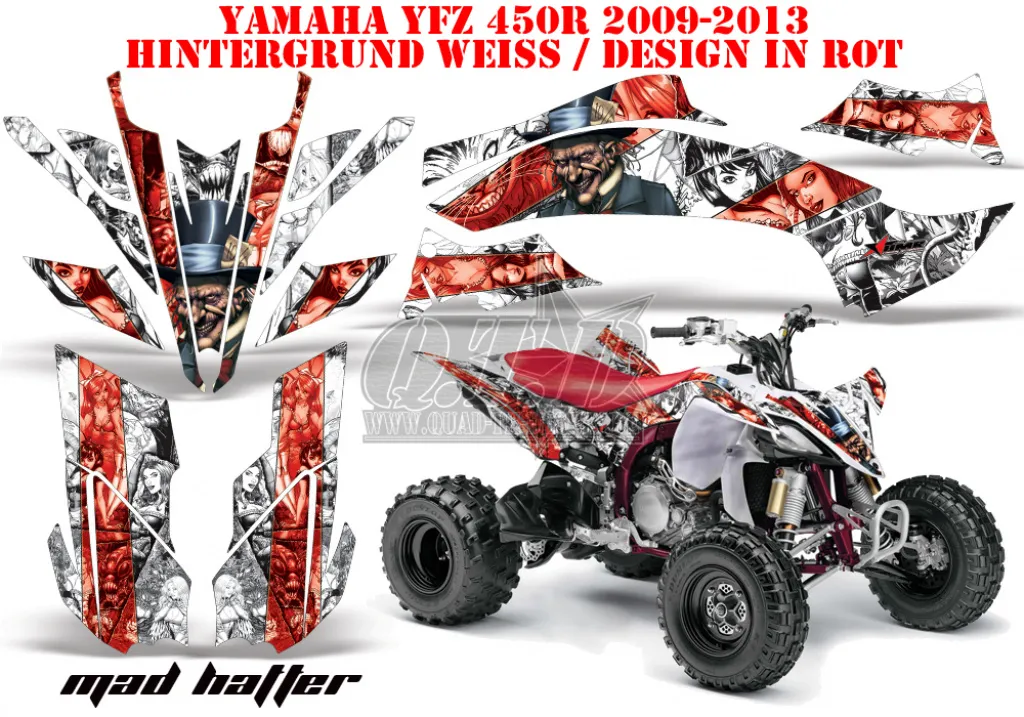 Mad-Hatter Hintergrund = Weiß, Designfarbe = Rot für Yamaha YFZ 450R/SE 2009-2013