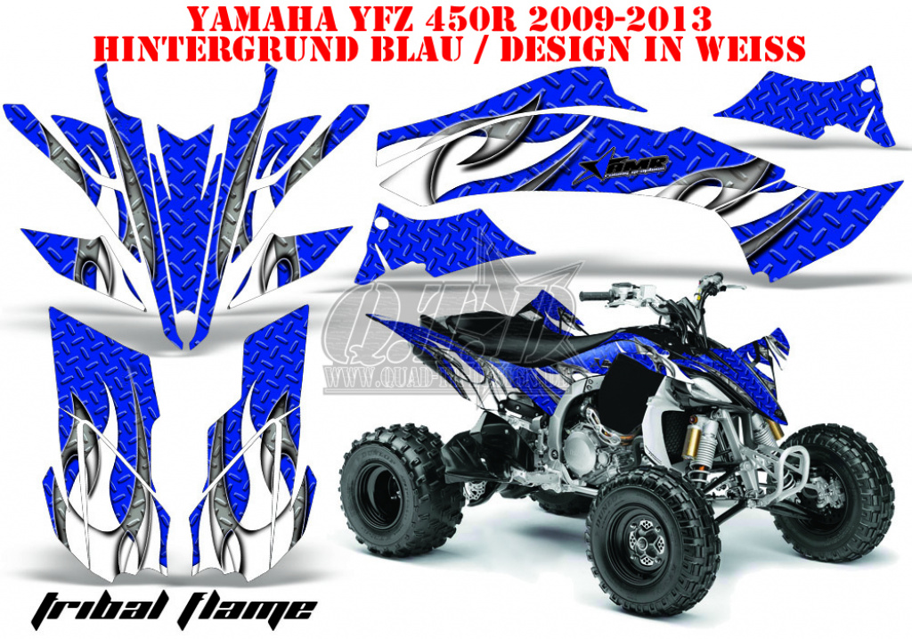 Tribal Flames Hintergrund = Blau, Designfarbe = Weiß für Yamaha YFZ 450R/SE 2009-2013