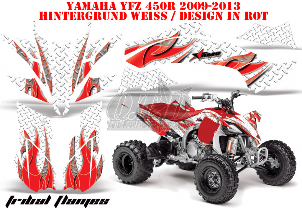 Tribal Flames Hintergrund = Weiß, Designfarbe = Rot für Yamaha YFZ 450R/SE 2009-2013