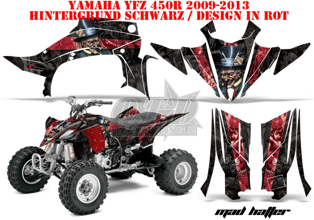 Mad-Hatter Background = Black, Design color = Red for Yamaha YFZ 450R/SE 2014+
