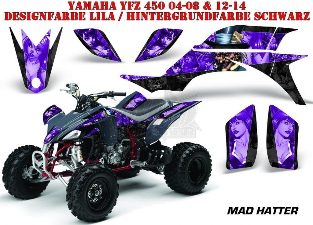 Mad-Hatter Hintergrund = Schwarz, Designfarbe = Lila für Yamaha YFZ 450 2004-2008 & 2012-2014