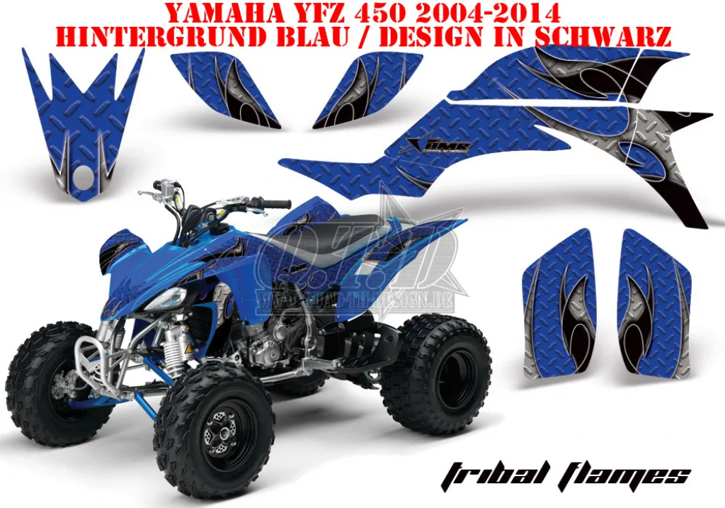 Tribal Flames Background = Blue, Design color = Black for Yamaha YFZ 450 2004-2008 & 2012-2014
