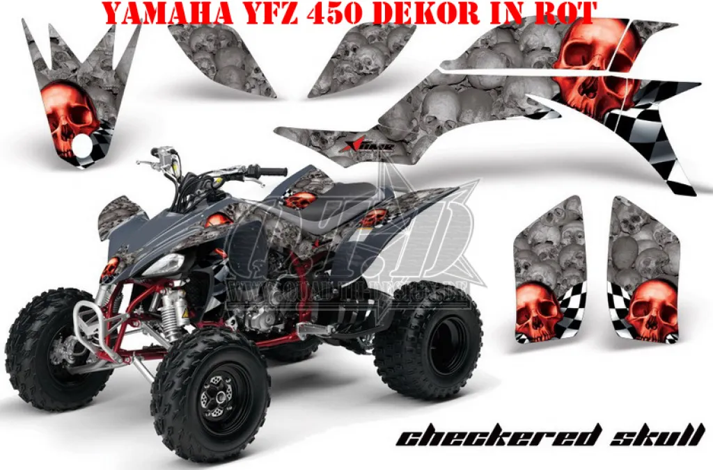 Checkered Skull Background = Silver, Design color = Red for Yamaha YFZ 450 2004-2008 & 2012-2014
