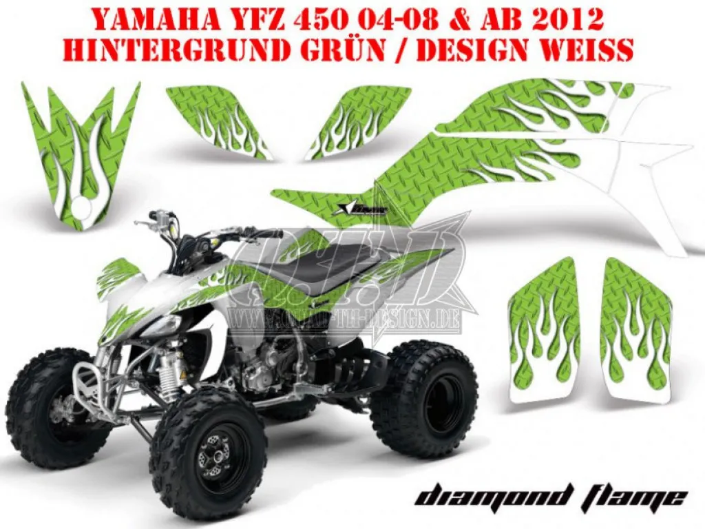 Diamond Flames Background = Green, Design color = White for Yamaha YFZ 450 2004-2008 & 2012-2014