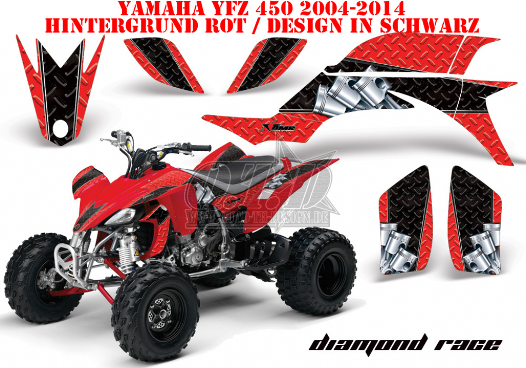 Diamond Race Hintergrund = Rot, Designfarbe = Schwarz für Yamaha YFZ 450 2004-2008 & 2012-2014